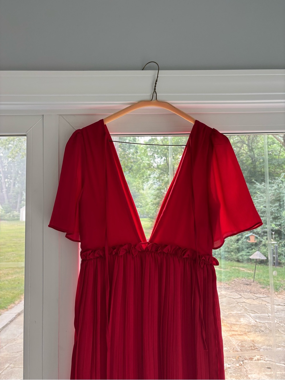 Beautiful Red Plunge V-Neck Midi Chiffon Dress